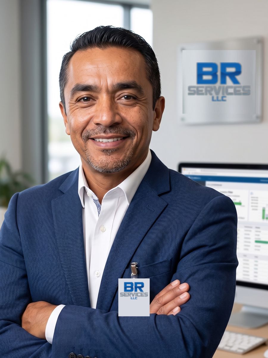 A man in a blazer standing with his arms folded in an office, the BR Services LLC sign on the wall behind him